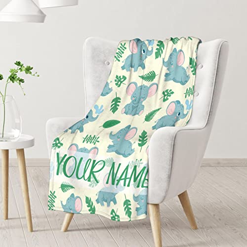 Personalized Elephant Blanket Gifts with Name - 60"x80" Cute Throw for Women Girls - Green Soft Fuzzy Blankets for Bed, Couch & Living Room