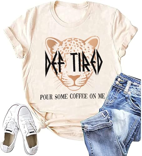 Vintage Leopard Tiger Graphic Tees Women Funny Letter Print Mama Tshirt Casual Mom Life Tops Def Tired Coffee Shirt (L, Beige)