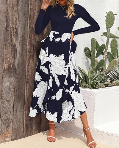 Image of BTFBM Womens Floral Maxi Dress Fall 2025 Casual Crewneck Long Sleeve Ruffle Flowy Cocktail Wedding Guest Dresses