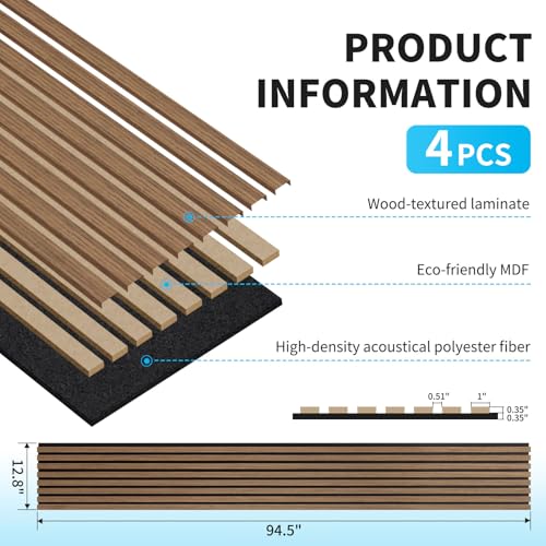 Image of Art3d 94.5 x 12.8 Inch Soundproof Wood Textured Wall Panels, 4-Pack, Walnut