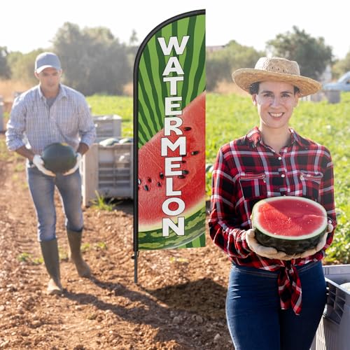 Image of Remagr 2 Pack Watermelon Feather Flag 7 ft Advertising Swooper Flag Windless Watermelon Banner Sign with Pole Kit and Ground Stake for Business Summer Fruit Stand Cart Decor