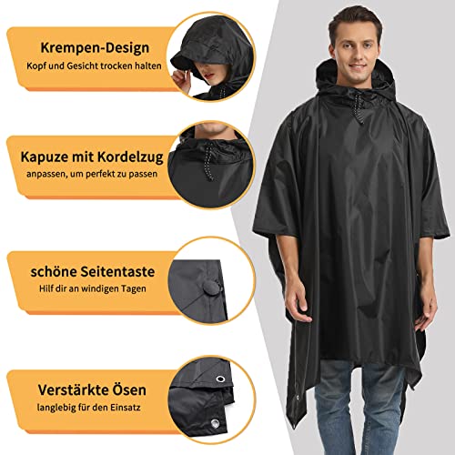 Opret Wasserdicht Regenponcho Damen Herren, Leicht Atmungsaktiv Regencape 3-in-1-Multifunktional Regenmantel Regenschutz Regen Poncho für Wandern und Camping-Schwarz