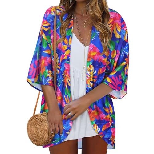 Kimono Cardigans for Women Bikini Summer Tops Bathing Suit Cover Ups Hawaiian Shirts (Colorful Leaves,S)