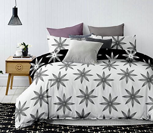 DecoKing Premium Ropa de Cama 200x200 cm 2 Fundas de la Almohada 80x80 cm Funda Nórdica Microfibra Flor Planta Gris Negro Blanco Alpin Hypnosis Collection