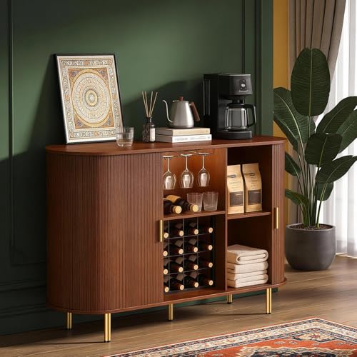 Image of DHH 55 inch Wine Bar Cabinet with Storage, Fluted Liquor & Coffee Bar Cabinet with Wine Rack and Glass Holder, Buffet Sideboard with LED Lights for Home Kitchen Living Dining Room(Walnut)