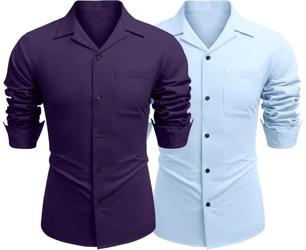 Image of Combo of Men's Casual Cotton Blend Shirt || Long Sleeve Button Down with Spread Collar | Lightweight Breathable Fabric | Stylish Solid Shirt for Beach, Office & Everyday Wear Pack of 2