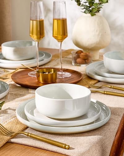 Image of Famiware Milkyway 12-Piece Stoneware Dinnerware Set for 4, Plates and Bowls, Scratch Resistant, Microwave & Dishwasher Safe, White