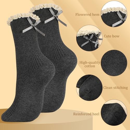 Image of 6 Pairs Womens Bow Socks Ruffle Casual Crew Socks Cute Black White Soft Breathable Cotton Frilly Ankle Socks