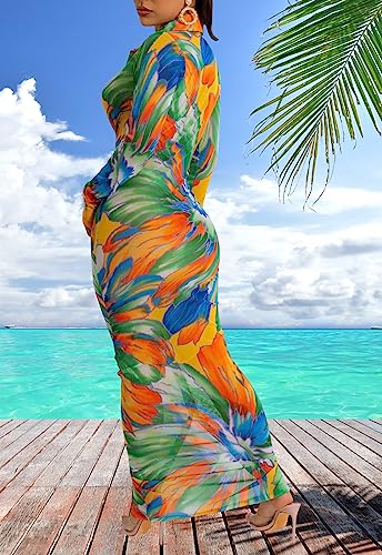 Women's Sexy Summer Sheer Mesh Dresses Button Down Long Sleeve See Through Swimwear Maxi Dress2