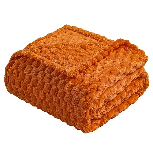 Vessia Flannel Fleece Throw Blanket(50x70 inch), 3D Jacquard Burnt Orange Fuzzy and Warm...