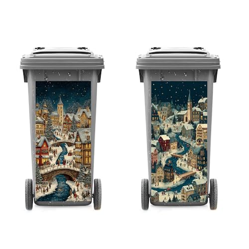 Image of 2 PC Trash Can Sticker 14.57 x 32.28 Inch Christmas Village Winter Town Vinyl Sticker with River Bridge Night Light and Snow House Pattern for Outdoor Garbage Bin Garden Yard Decor