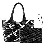 Picture of SporGenius Woven Tote Bag for Women Handwoven Travel Bags, Large Vegan Leather Totes with Small Handmade Purse (Black and White)