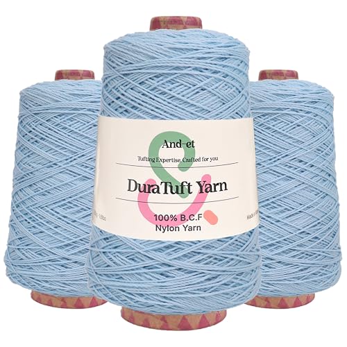 Image of And-et DuraTuft Yarn 45 Vibrant Colors Tufting Nylon Yarn Pack - Ideal for Crochet, Craft Projects -100% B.C.F. - 3 Cones x 1.66lbs (640yards) -Perfect for Rug Weaving and Knitting (32 Light Blue)