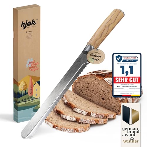 kjøk Premium Brotmesser (5cr) Stahlklinge 20cm Härte 56±2 HRC ergonomischer Olivenholzgriff Brotschneidemesser Wellenschliff Messer für Brot & Braten Küchenmesser Antihaft-Klinge scharf Bread Knife