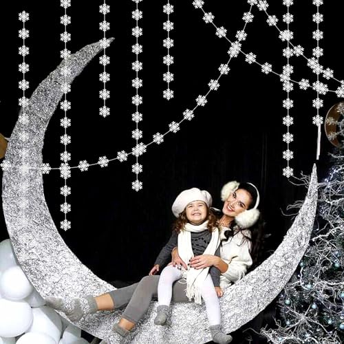 Image of Snowflake-Snow Silver Christmas Party-Decoration Garland - 52ft Frozen Winter Wonderland Ornaments Hanging Paper Streamers,New Years Birthday Baby Shower Wedding Holiday Ceiling Decor Hugfond