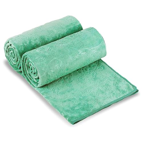 Image of JML Large Bath Towels Set, 2 Pack, 30 inch x 60 inch, Microfiber Body Towels for Adult, Oversized, Soft, Absorbent, Fast Drying for Shower Sauna Yoga Swimming Sport Fitness Gym Pool (Green-Floral Embossed)