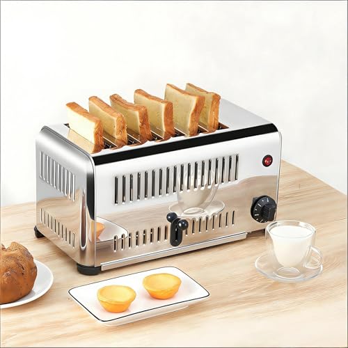 Tostadora Emergente Comercial de 6 Rebanadas con Ranura de 1.18 Pulgadas de Ancho para Pan de Corte Grueso, Temporizador de 1 a 5 Minutos para Calentamiento Uniforme, Cuerpo de Acero Inoxidable