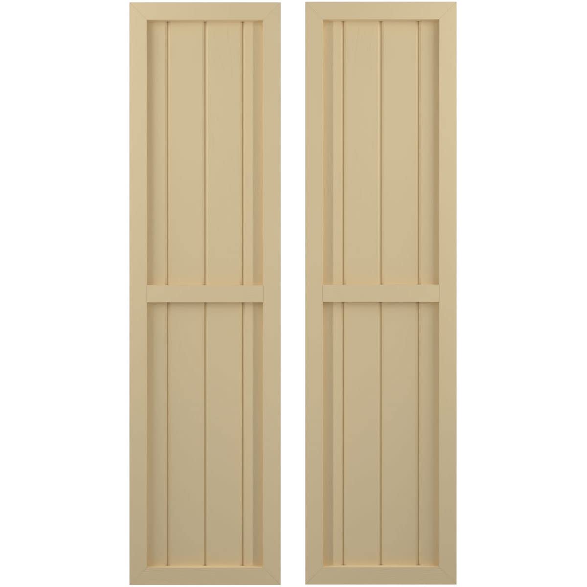 14"W x 64"H Americraft Four Board Exterior Real Wood Two Equal Panel Framed Board-n-Batten Shutters (Per Pair), Natural Twine