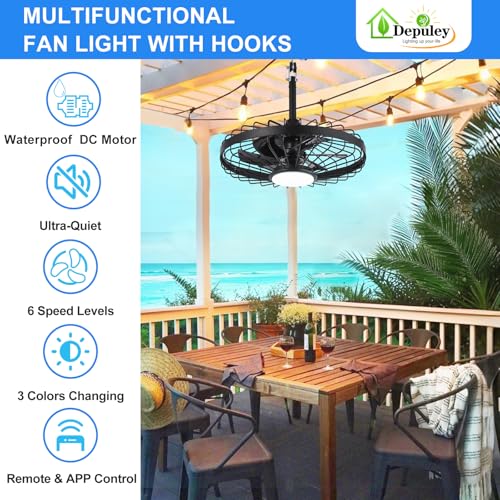 Depuley Outdoor Ceiling Fan with Light: 20 Inch Waterproof Gazebo Fans with Lights Outdoor Hanging - Plug in Remote App Control Caged Fans for Patios Pergola Porch Canopy - 6 Speed Black - Image 2