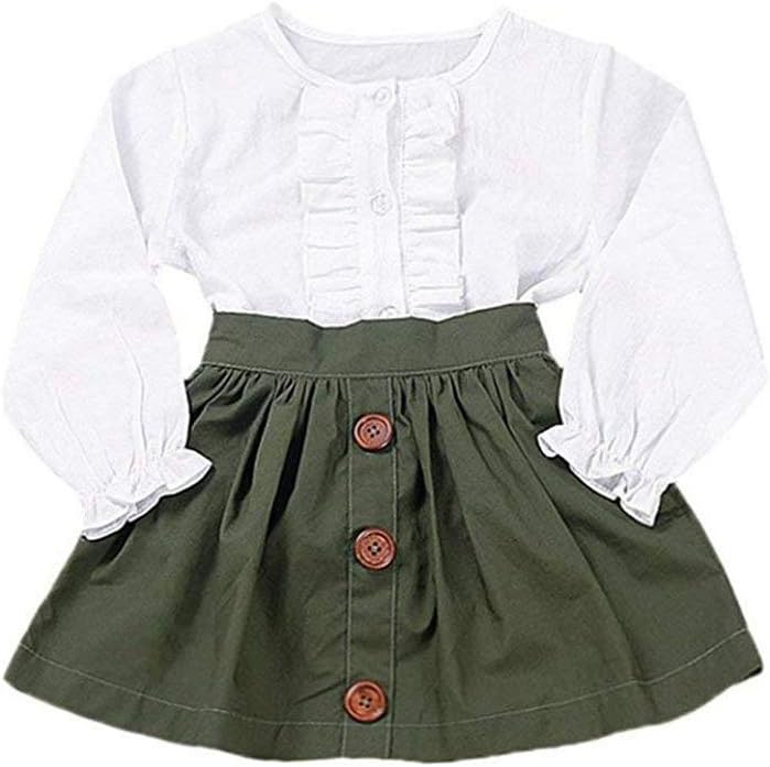 Little Girls Two Piece Clothes Set Good Kids Fall School Oufits Ruffles Clean White Shirt Buttons A-line Skirt