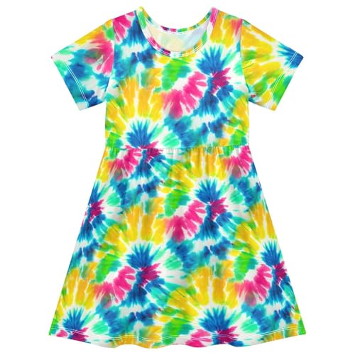 Emelivor Tie-dye Circular Vivid Girls Summer Dress Toddler Girl Skater Dresses Short Sleeve Dress for Kids,2T