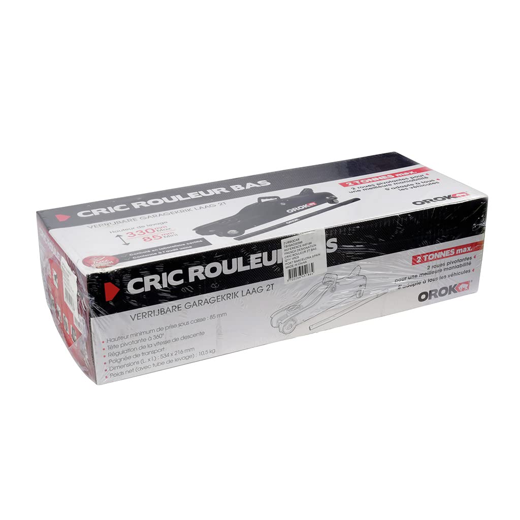 OROK 645186 Cric Hydraulique Rouleur Bas 2 Tonnes – Cric Voiture Profil Bas 85 à 330 mm – Tête Pivotante 360° – Descente Réglable – roulettes Pivotantes – Conforme en 1494, Noir