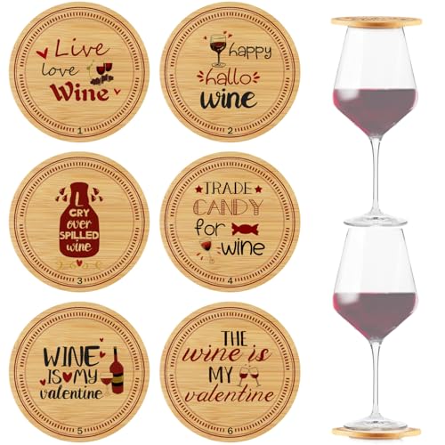 KIKINIKO 6 Pack Wine Glass Covers Funny - Fun Wooden Wine Glass Covers to Keep Bugs Out with Bamboo Toppers - Wine Accessories for Parties, Housewarming Gifts