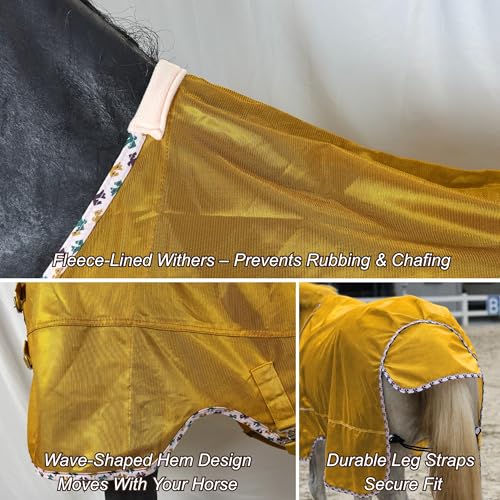 Image of BARN & STABLE Breathable and UV Protective Tear-Resistant Mesh Horse Fly Sheet Comfy Equine Summer Sheet with Removable Web Leg Straps (Golden Glow, 75 in)