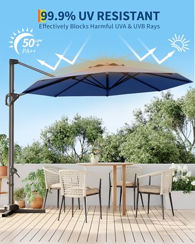 10FT Patio Umbrella Outdoor Large Cantilever w/Base Included Market Sun Shade Windproof Offset with 360-Degree Rotation for Garden Deck Pool Patio, Navy Blue