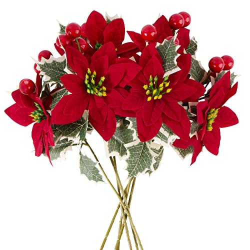 VINFUTUR 6pcs Ramo de Flores Artificales Rojo Navidad con Bayas Artificiales y Hojas Flores Navideñas 34cm para Decoración Árbol Navidad Corona Regalos