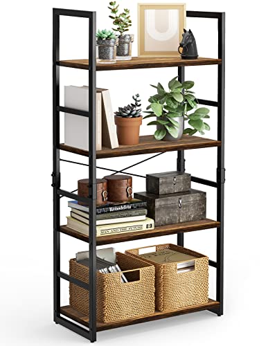 Pipishell Bookshelf, 4-Tier Bookcase, Storage Bookshelves, Tall Bookcase Shelf Storage Organizer, Book Shelf with Steel Frame, Vintage Standing Shelf for Home Office, Living Room, Bedroom, Kitchen