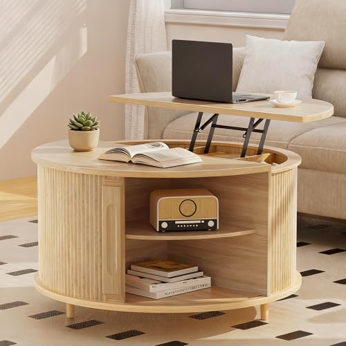 Round Lift Top Coffee Table with Storage, Fluted Wood Accent Coffee Table with Sliding Door, Mid Century Modern Center Table for Living Room, Home Office, Small Spaces(Oak, 31.5inch)