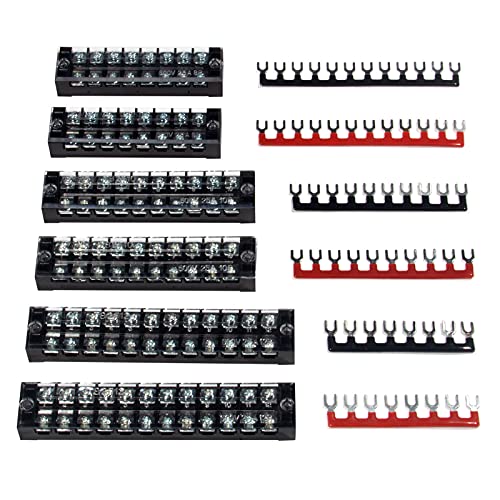 Image of Terminal Block and Strip - 6 Sets 8 /10 /12 Positions 600V 25A Dual Row Wire Screw Terminal Strip Block with Cover + 400V 25A Pre-Insulated Terminals Barrier Strips Jumpers (Black & Red)