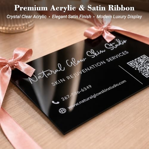 Image of Custom Acrylic Hanging Business Sign with Satin Ribbon, Personalized UV Printed QR Code Sign for Salon Spa Boutique Office Door Window, Small Business Welcome Sign, Market Booth Vendor Display Decor