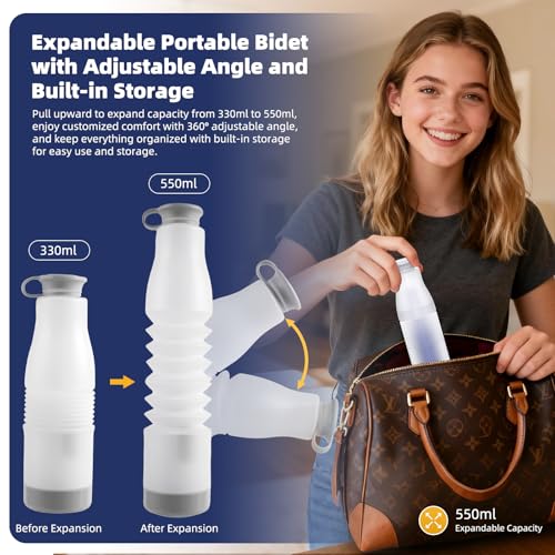 Image of Hibbent Portable Bidet for Travel, High Pressure Electric Handheld Bidet Sprayer, 350-550ML Expandable Bottle for Personal Hygiene, USB-C Rechargeable Waterproof, Travel Sprayer for Women & Men, Blue