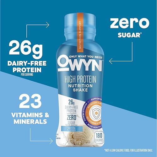 Image of OWYN Only What You Need High Protein Shake, Vanilla Flavored, 26g Protein, 0g Sugar, 3g Fiber, Dairy Free, Plant Based Protein Drink, 12 Count