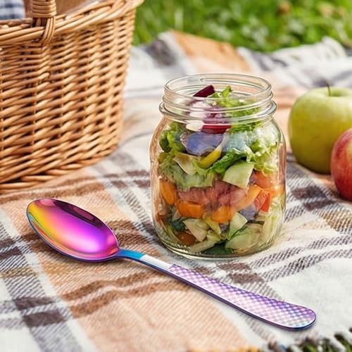 Image of Dinner Spoon Set of 5 ? 8.1 inch Rainbow Finish Tablespoons with Checks Printed Handle, Durable Stainless Steel & Dishwasher Safe Silverware for Home, Restaurant, and Gifting