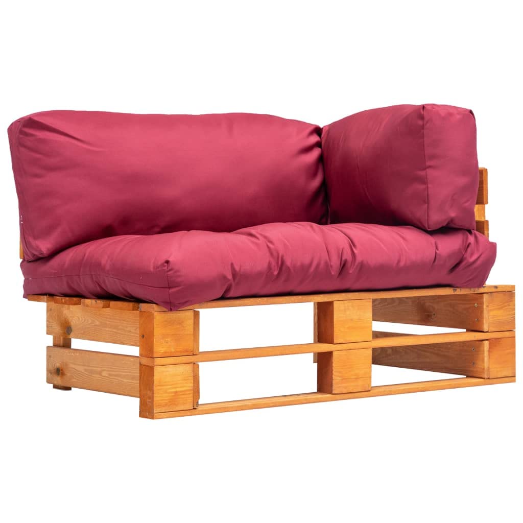 Sofa ogrodowa z palet z czerwonymi poduszkami sosna drewniana 2-osobowa zewnetrzna na taras balkon ogrod meble patio impregnowane