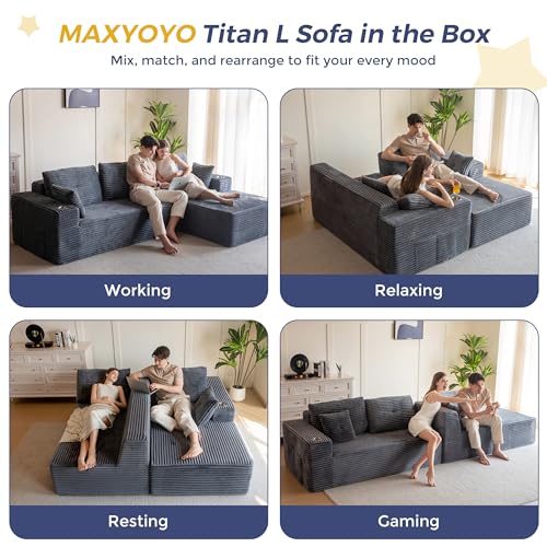Image of MAXYOYO 104 inch Modular Sectional Couch with L-Shape Chaise, Modern Boneless Couch for Living Room, Sofa in A Box, Oversized Sofa with Deep Seat, No Assembly Required, Dark Grey