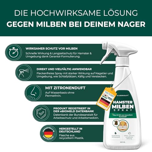 Silberkraft Milbenspray Hamster 500ml - Effektives Anti Milben Spray für Hamster und Kleinnager - Milbenbefall behandeln bei Hamstern Rennmäusen Degus