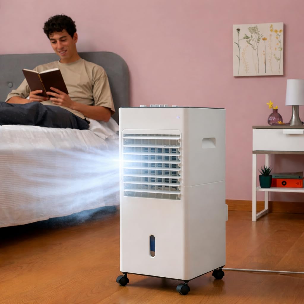 Condizionatore evaporativo portatile, 5 litri, 3 velocità, doppio serbatoio rimovibile, blocchi refrigeranti, filtro lavabile, ruote girevoli a 360°, flusso d'aria orientabile, silenziatore ≤65 dB, 65