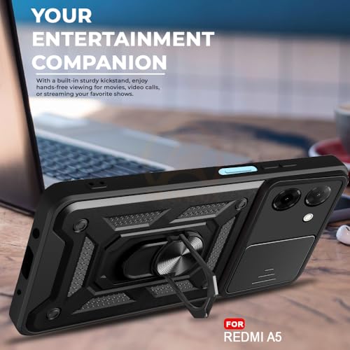 Image of Armor Bumper Back Cover Case for Poco C71 / Redmi A5 Rotating Camera Cover, Ring Holder & Kickstand | Heavy Duty & 360 Degree Protection Poco C71 / Redmi A5 Back Cover (Black)