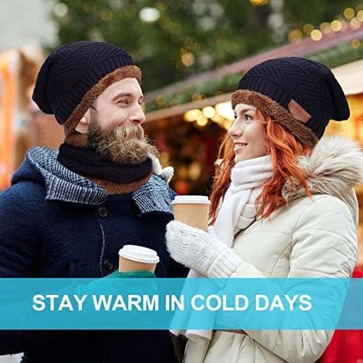 TRUFLAIR Winter Knit Beanie Cap Hat Neck Warmer Scarf and Woolen Gloves Set Skull Cap for Men Women/Winter Cap for Men (3 Piece) Blue 3