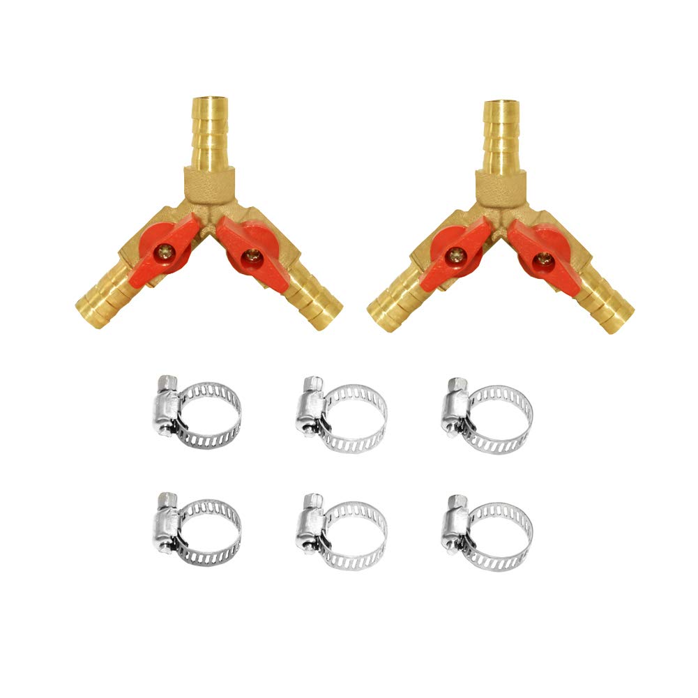 Hooshing 3/8" Hose Barb Ball Valve 3 Way Shut Off Valve Soild Brass Y Shaped Ball Valve 2 Switch Hose Barb Fitting with 6 Hose Clamps,Pack of 2