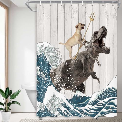 Image of Boziqr Funny Dog Shower Curtain, Japanese Ocean Wave Dinosaur Rustic Barn Door Decor Fabric Bathroom Curtains Set, Cute Animal Kids Polyester Fabric Waterproof, 47 X 64 Inches