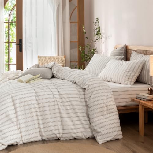 Image of BESTOUCH Striped Cotton Duvet Cover Set Linen Feel Super King Plus | 100% Washed Cotton, Soft Wrinkle Texture, Hidden Zipper, 8 Ties, Breathable Lightweight Durable Comfy, 3 Pcs No Insert