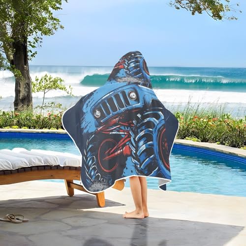 Image of Blue Monster Truck Hooded Beach Towel for Kids, Kids Bath Hooded Towels for Boys Girls, Super Soft Absorbent Bathrobe with Hood for Swin Pool 50 inchx23.5 inch