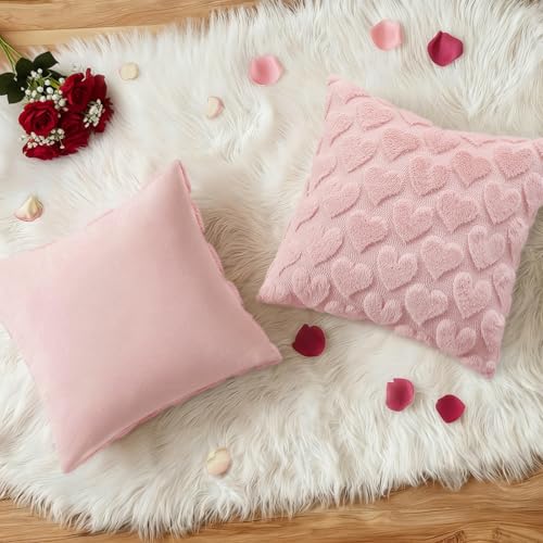 Image of decorUhome Valentine's Day Soft Plush Throw Pillow Covers 20x20 Inch Set of 2, Faux Fur Pink Heart Decoration Neutral Square Pillow Covers for Couch Sofa Bed Cozy Farmhouse Holiday Decor