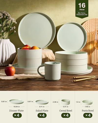 Image of Famiware Star Stoneware Dinnerware Sets with Pasta Bowls, 16pc Dishes for 4 | Ceramic Flat Plates and Double Bowls. Chip & Scratch Resistant. Microwave & Dishwasher Safe, Everyday Dining, Light Green