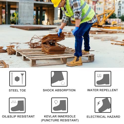 Work Boots for Men, Steel Toe, Puncture-Resistant, Pull on Chelsea Leather Safety Boots, US Size 6-15 M & W2